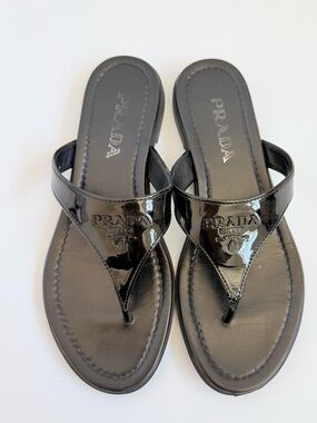 Prada Vernice Patent Leather Logo Thong Sandals Black  Flat Slides EU 38